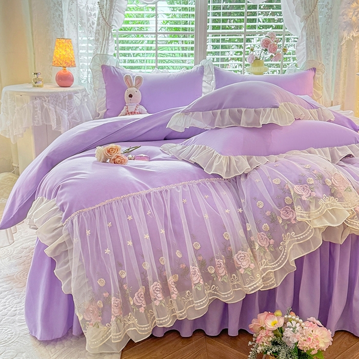 91家纺网 家纺一手货源 找家纺 后庭寝室 2025新款韩版蕾丝床裙款四件套-星辰系列 星辰-浅紫