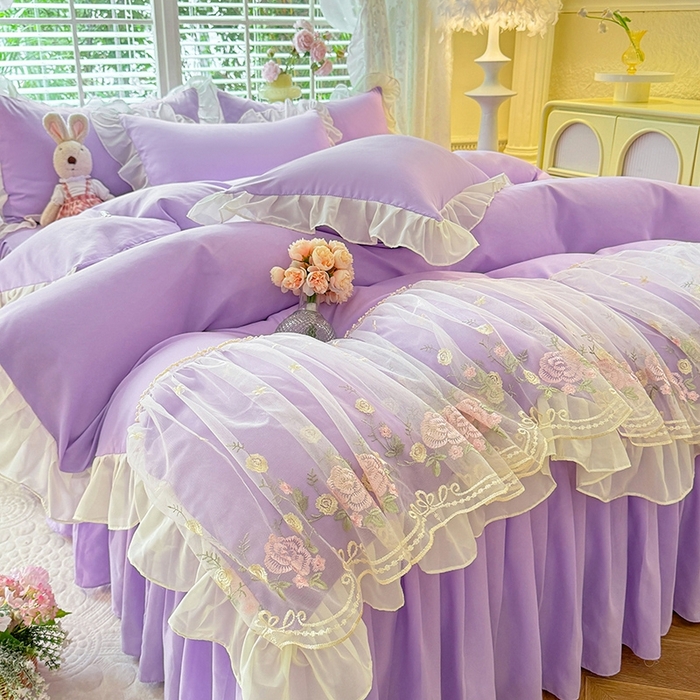 91家纺网 家纺一手货源 找家纺 后庭寝室 2025新款韩版蕾丝床裙款四件套-星辰系列 星辰-浅紫