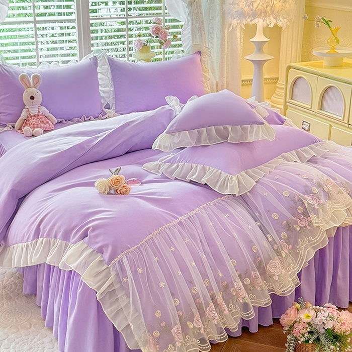 91家纺网 家纺一手货源 找家纺 后庭寝室 2025新款韩版蕾丝床裙款四件套-星辰系列 星辰-浅紫