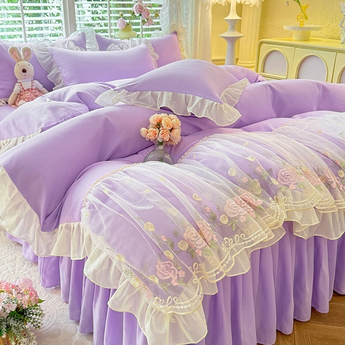 91家纺网 家纺一手货源 找家纺 后庭寝室 2025新款韩版蕾丝床裙款四件套-星辰系列 星辰-浅紫