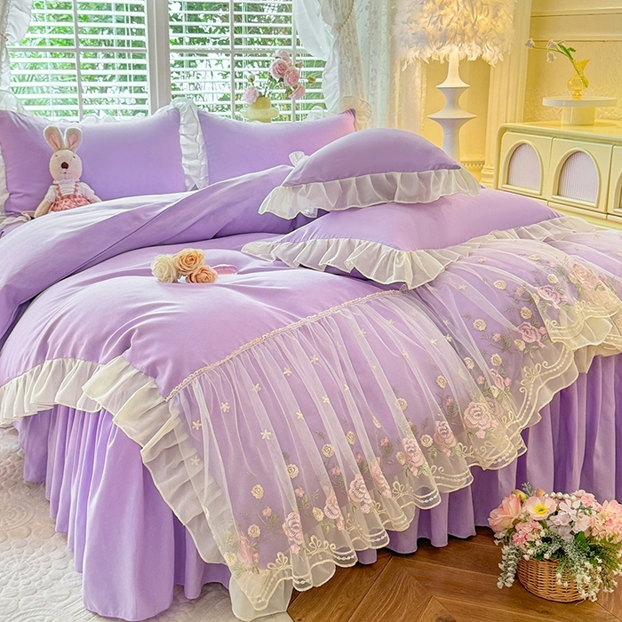 91家纺网 家纺一手货源 找家纺 后庭寝室 2025新款韩版蕾丝床裙款四件套-星辰系列 星辰-浅紫