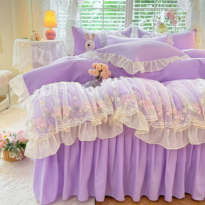 91家纺网 家纺一手货源 找家纺 后庭寝室 2025新款韩版蕾丝床裙款四件套-星辰系列 星辰-浅紫