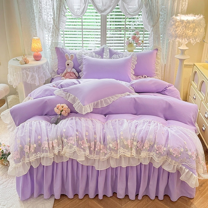 91家纺网 家纺一手货源 找家纺 后庭寝室 2025新款韩版蕾丝床裙款四件套-星辰系列 星辰-浅紫