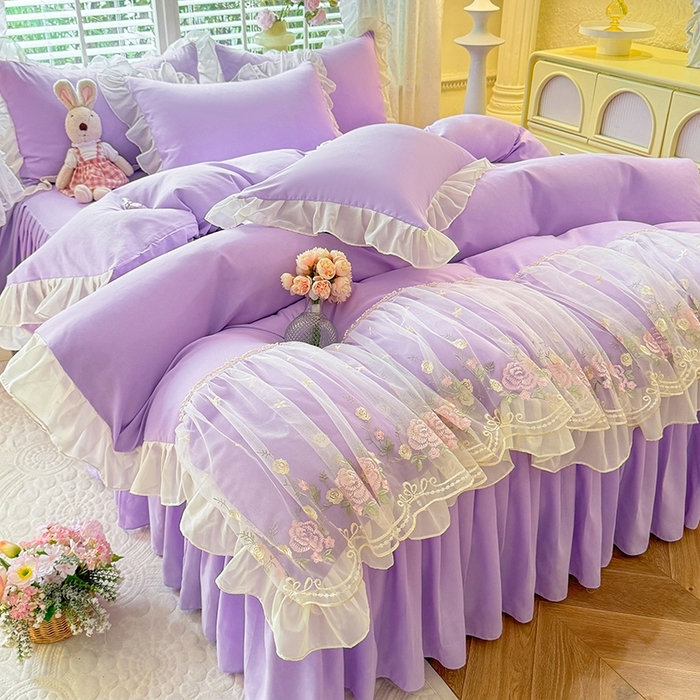 91家纺网 家纺一手货源 找家纺 后庭寝室 2025新款韩版蕾丝床裙款四件套-星辰系列 星辰-浅紫