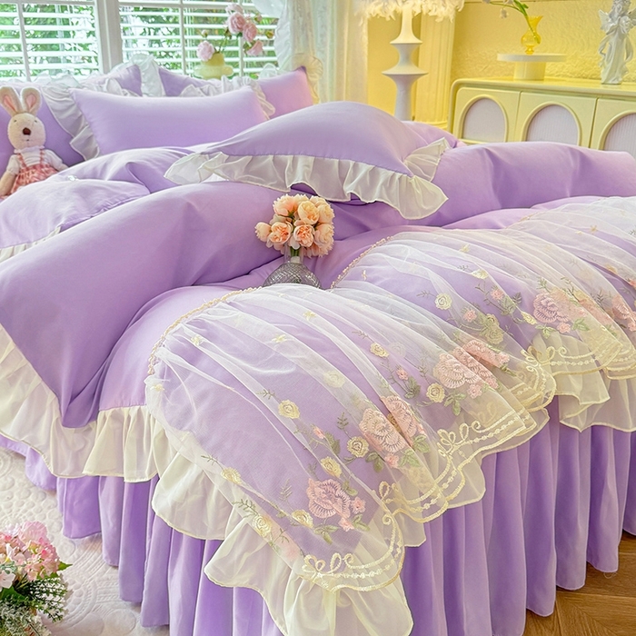 91家纺网 家纺一手货源 找家纺 后庭寝室 2025新款韩版蕾丝床裙款四件套-星辰系列 星辰-浅紫