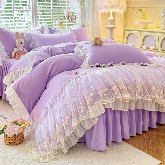 91家纺网 家纺一手货源 找家纺 后庭寝室 2025新款韩版蕾丝床裙款四件套-星辰系列 星辰-浅紫