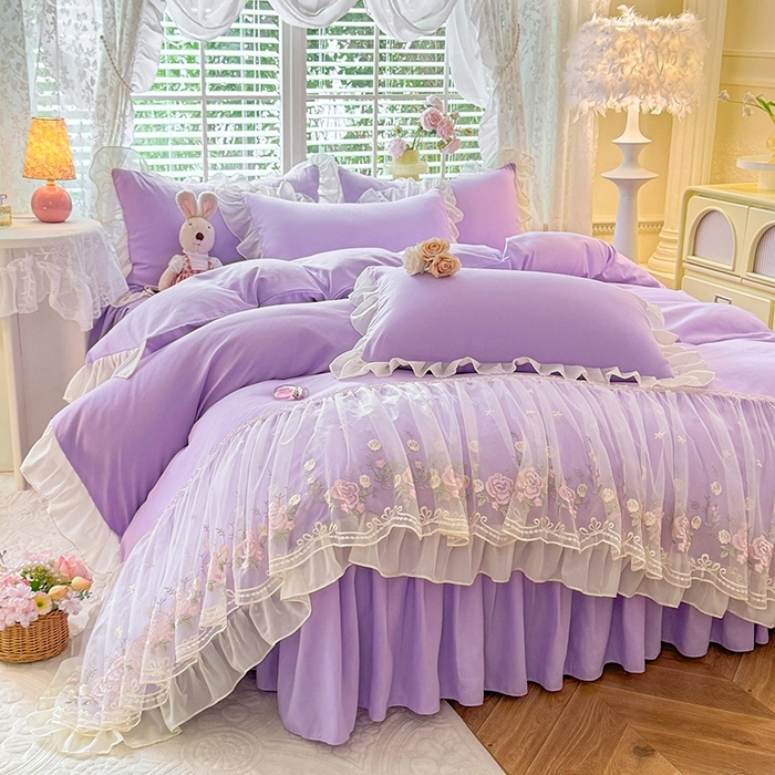 91家纺网 家纺一手货源 找家纺 后庭寝室 2025新款韩版蕾丝床裙款四件套-星辰系列 星辰-浅紫