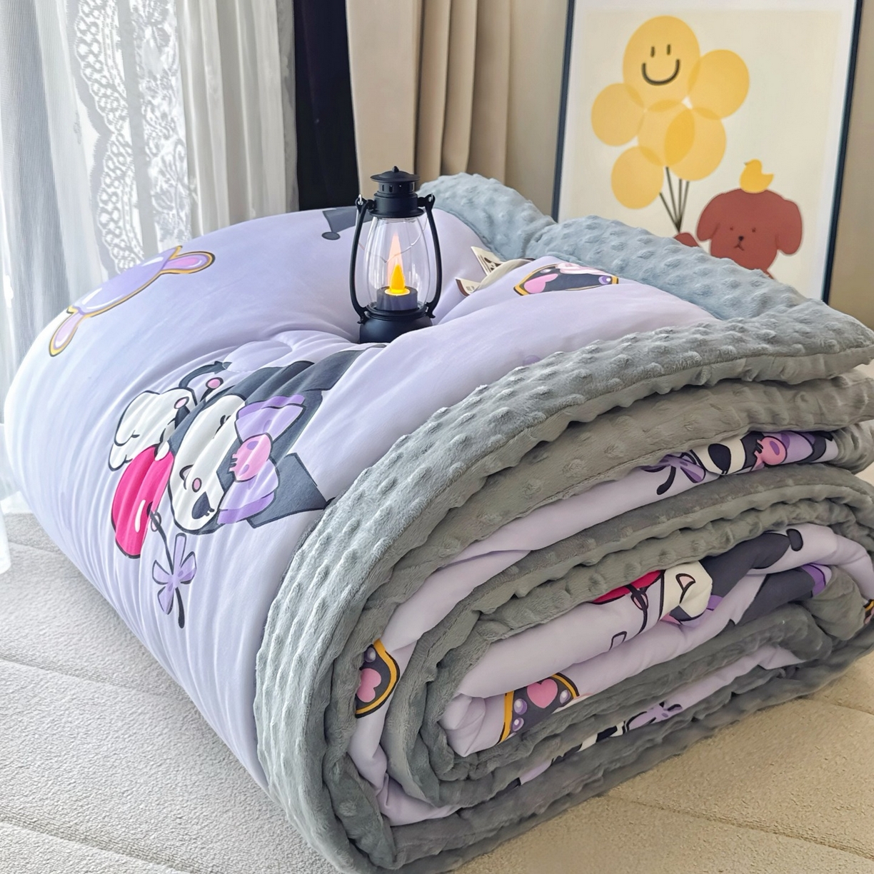 兜米家居 2025新款三丽鸥针织豆豆绒被纯手工包边卡通立体豆豆绒保暖被子被芯 苹果库洛米