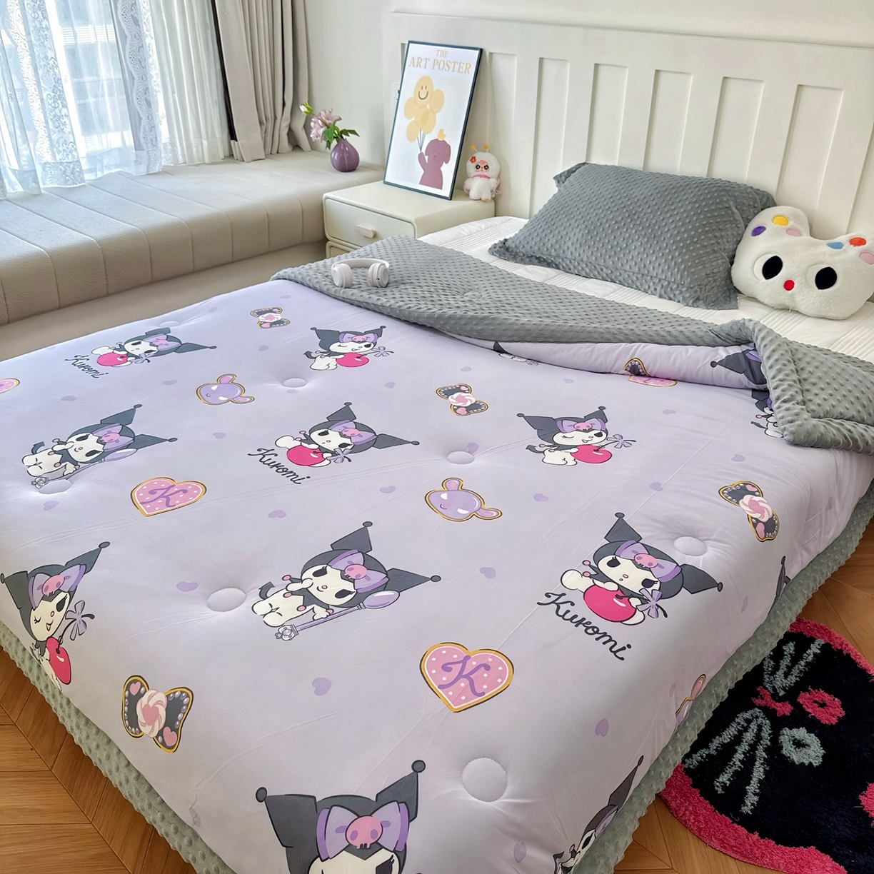 91家纺网 家纺一手货源 找家纺 兜米家居 2025新款三丽鸥针织豆豆绒被纯手工包边卡通立体豆豆绒保暖被子被芯 苹果库洛米