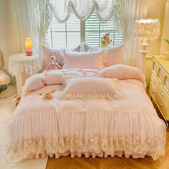 91家纺网 家纺一手货源 找家纺 后庭寝室 2025新款韩版蕾丝床裙款四件套-星辰系列 星辰-玉色