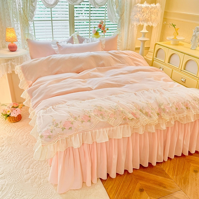 91家纺网 家纺一手货源 找家纺 后庭寝室 2025新款韩版蕾丝床裙款四件套-星辰系列 星辰-玉色