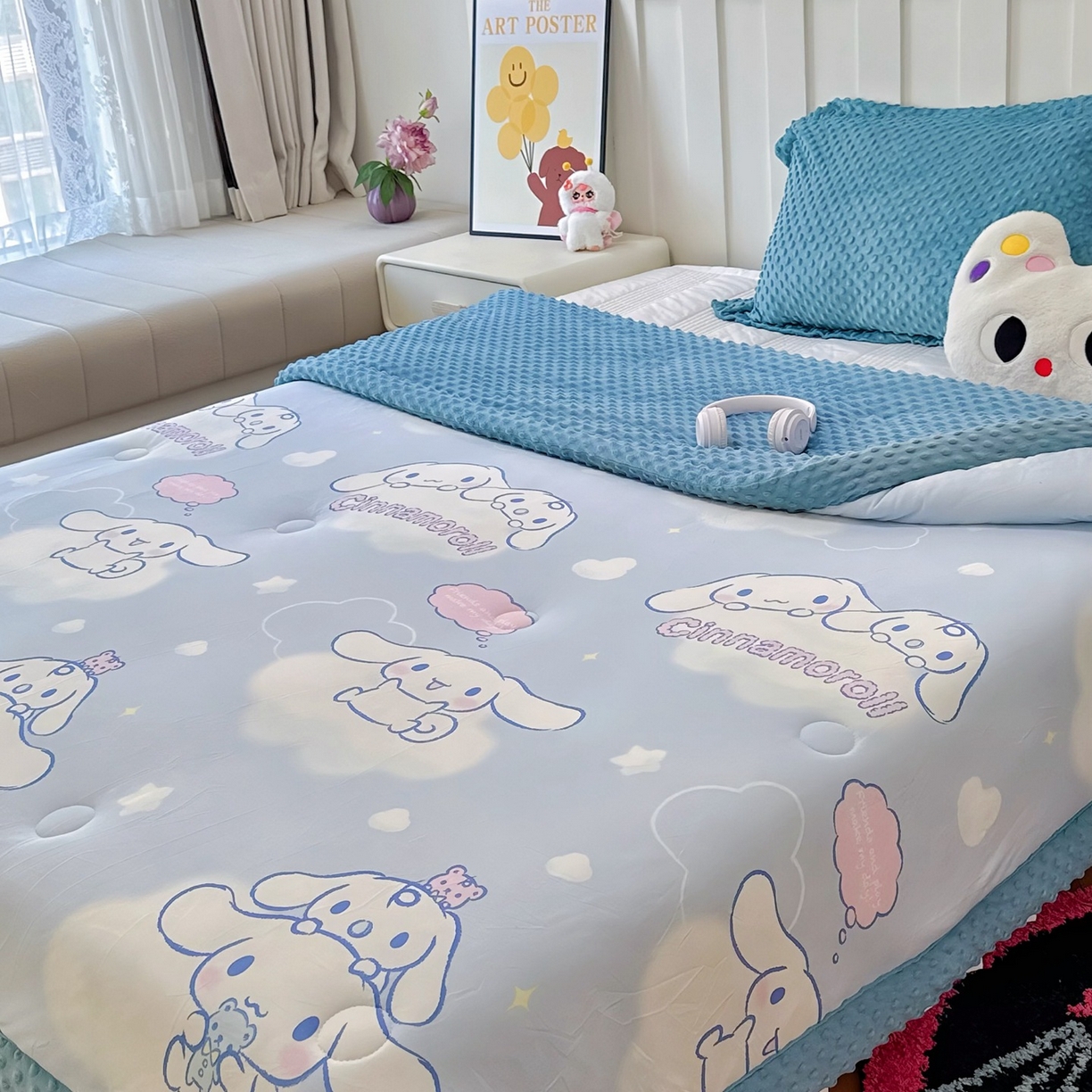 91家纺网 家纺一手货源 找家纺 兜米家居 2025新款三丽鸥针织豆豆绒被纯手工包边卡通立体豆豆绒保暖被子被芯 云朵玉桂狗