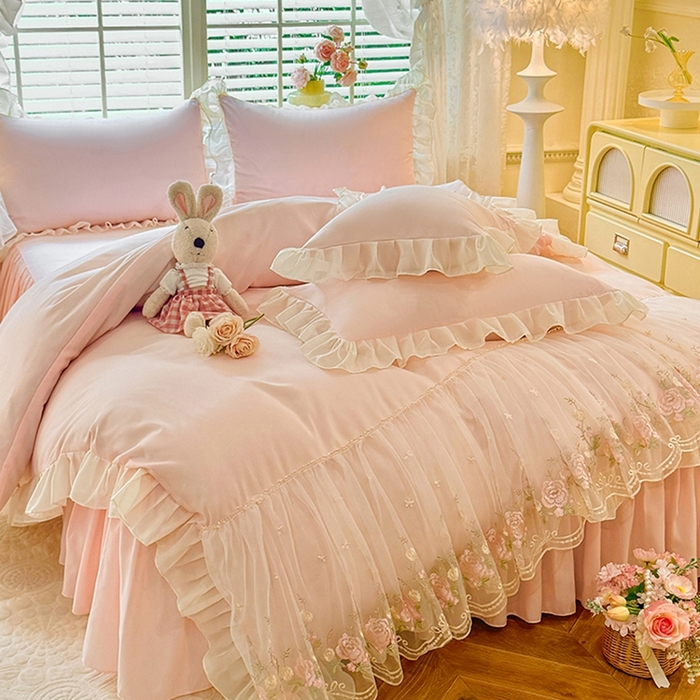 91家纺网 家纺一手货源 找家纺 后庭寝室 2025新款韩版蕾丝床裙款四件套-星辰系列 星辰-玉色