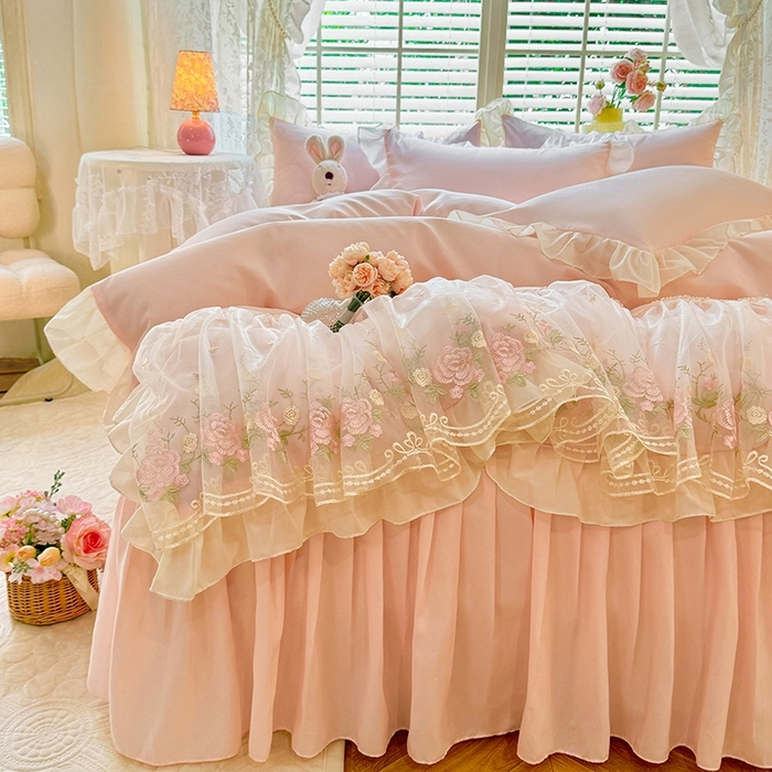 91家纺网 家纺一手货源 找家纺 后庭寝室 2025新款韩版蕾丝床裙款四件套-星辰系列 星辰-玉色