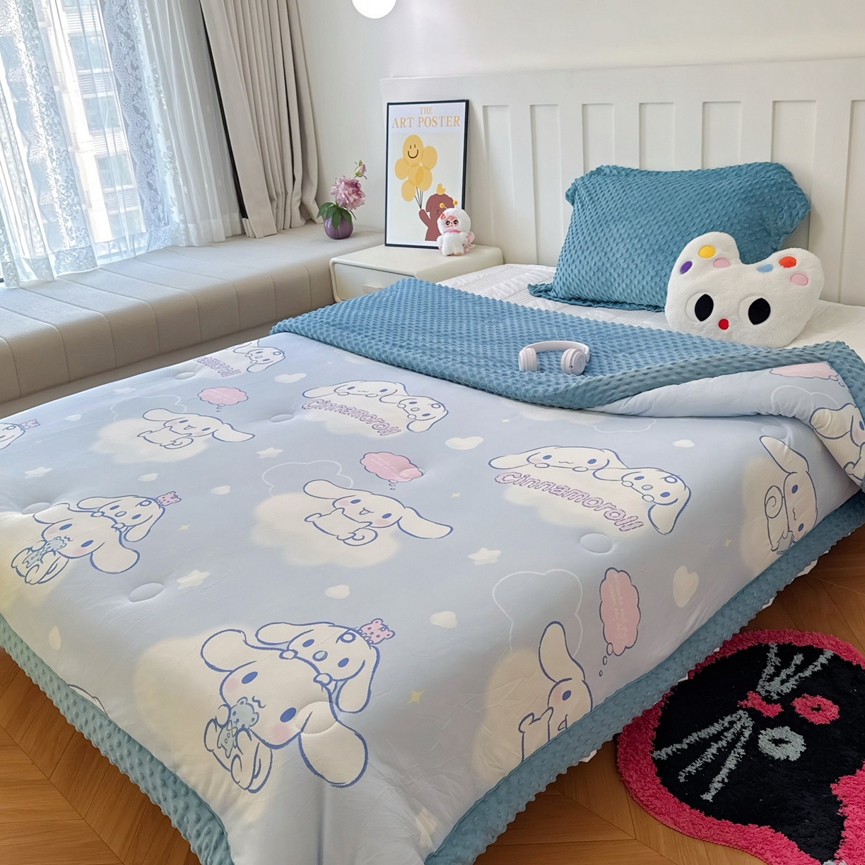 91家纺网 家纺一手货源 找家纺 兜米家居 2025新款三丽鸥针织豆豆绒被纯手工包边卡通立体豆豆绒保暖被子被芯 云朵玉桂狗