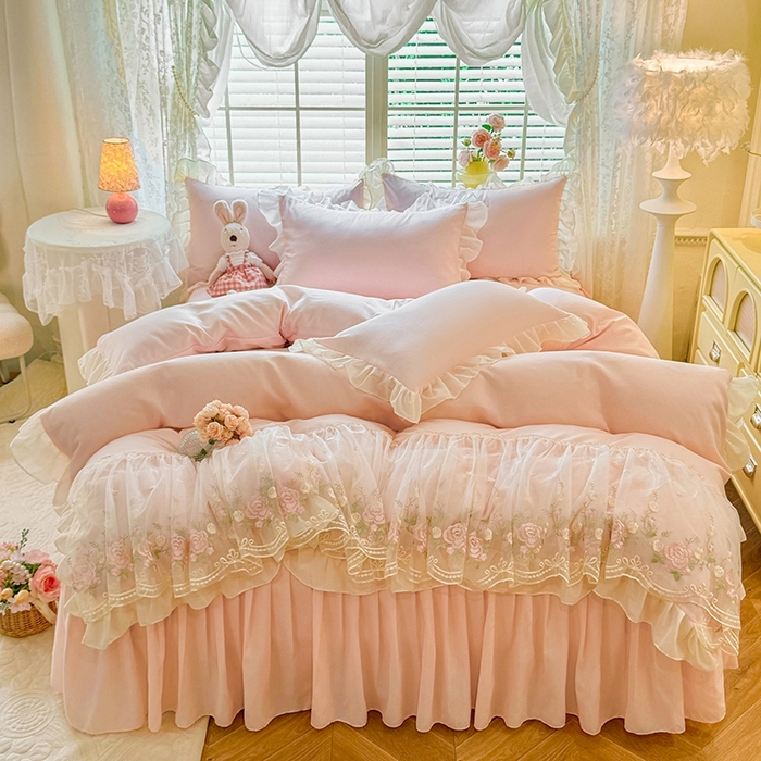 91家纺网 家纺一手货源 找家纺 后庭寝室 2025新款韩版蕾丝床裙款四件套-星辰系列 星辰-玉色