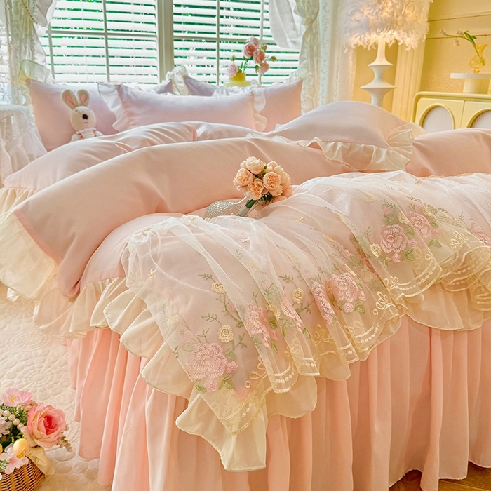 91家纺网 家纺一手货源 找家纺 后庭寝室 2025新款韩版蕾丝床裙款四件套-星辰系列 星辰-玉色