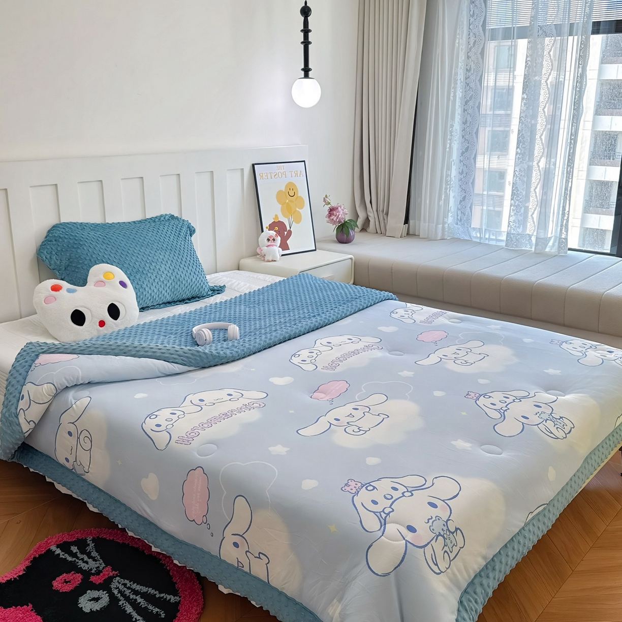 91家纺网 家纺一手货源 找家纺 兜米家居 2025新款三丽鸥针织豆豆绒被纯手工包边卡通立体豆豆绒保暖被子被芯 云朵玉桂狗