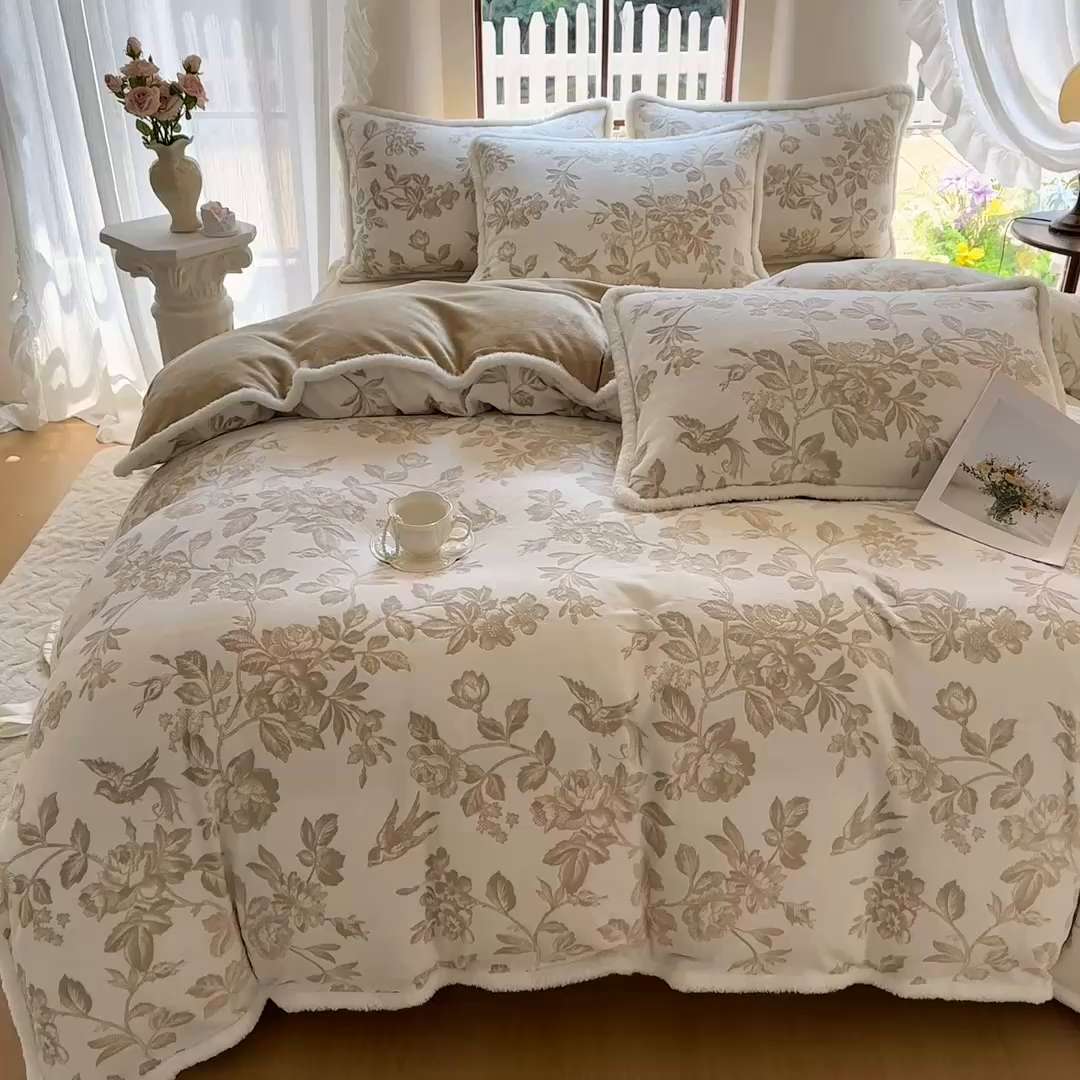 91家纺网 家纺一手货源 找家纺 亿品家纺 2025新款八斤立体雕花牛奶绒四件套 花季【浅咖】