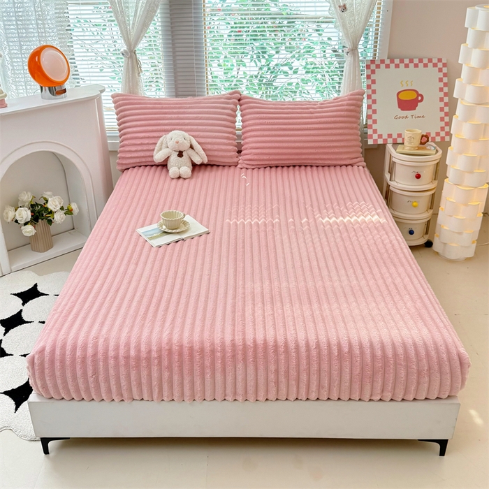 91家纺网 家纺一手货源 找家纺 柏薇 2025新款A类300g兔毛抽条床笠 粉色-床笠