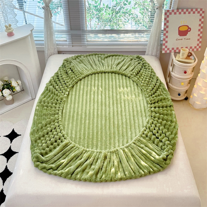 91家纺网 家纺一手货源 找家纺 柏薇 2025新款A类300g兔毛抽条床笠 抹茶绿-床笠