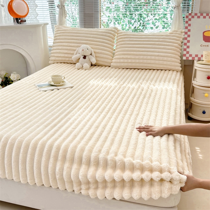 柏薇 2025新款A类300g兔毛抽条床笠 奶白-床笠