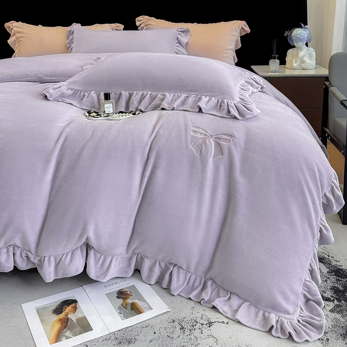 91家纺网 家纺一手货源 找家纺 席之家 2025新款蝴蝶结绣花牛奶绒四件套蝴蝶结-丁香紫