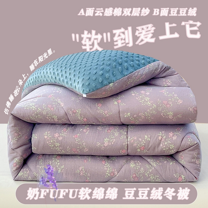 91家纺网 家纺一手货源 找家纺 （总）VIP被业 2025新款云感棉双层纱豆豆绒冬被被子被芯
