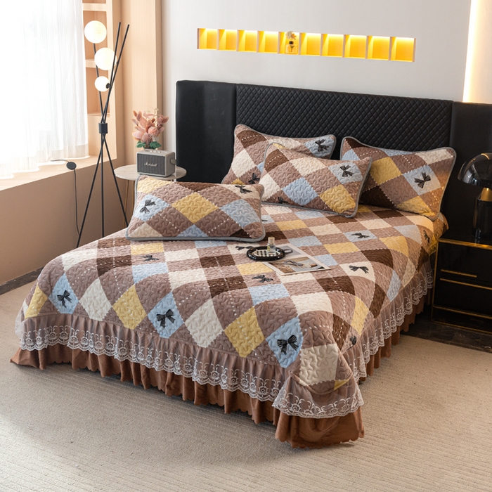 91家纺网 家纺一手货源 找家纺 梓依家纺 2025新款牛奶绒单床裙款蕾丝床盖三件套四件套 优雅蝴蝶结