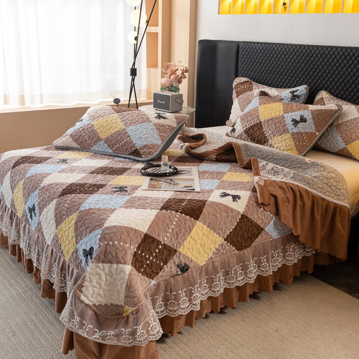 91家纺网 家纺一手货源 找家纺 梓依家纺 2025新款牛奶绒单床裙款蕾丝床盖三件套四件套 优雅蝴蝶结