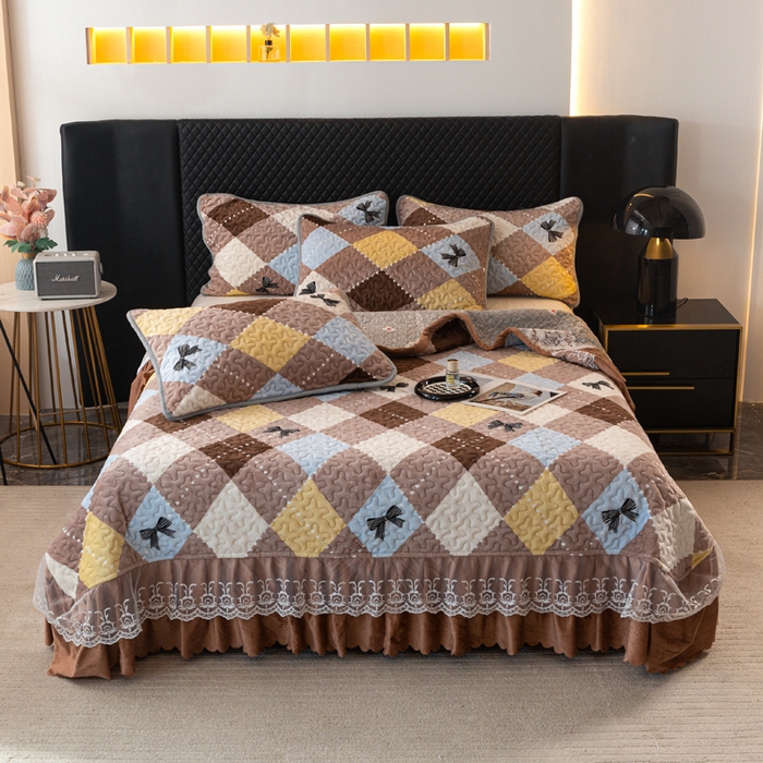 91家纺网 家纺一手货源 找家纺 梓依家纺 2025新款牛奶绒单床裙款蕾丝床盖三件套四件套 优雅蝴蝶结