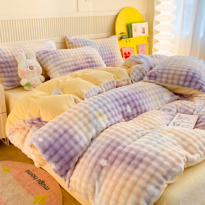 91家纺网 家纺一手货源 找家纺 眠博士 2025新款时尚印花兔绒牛奶绒保暖四件套 兔绒印花-渐变星空