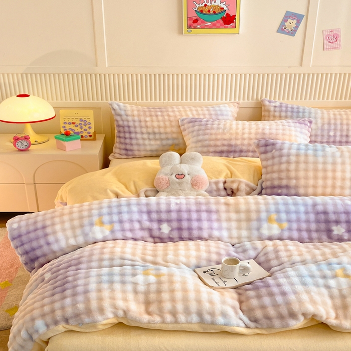 91家纺网 家纺一手货源 找家纺 眠博士 2025新款时尚印花兔绒牛奶绒保暖四件套 兔绒印花-渐变星空