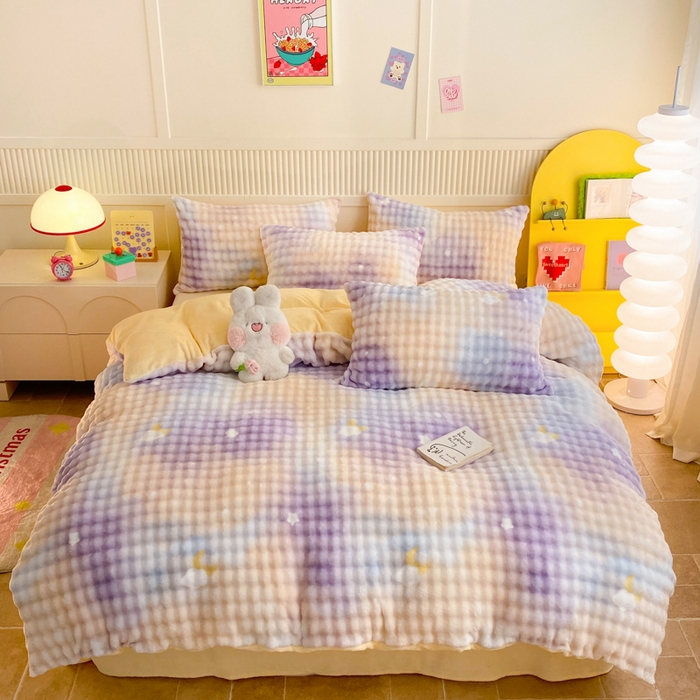 91家纺网 家纺一手货源 找家纺 眠博士 2025新款时尚印花兔绒牛奶绒保暖四件套 兔绒印花-渐变星空