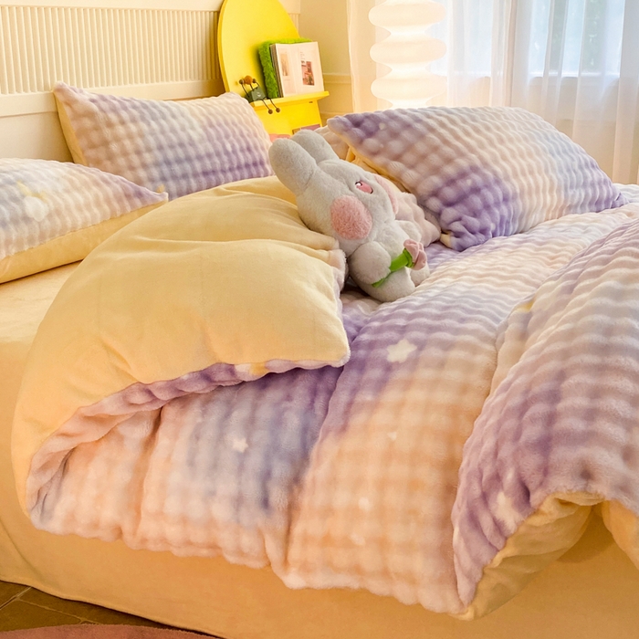 91家纺网 家纺一手货源 找家纺 眠博士 2025新款时尚印花兔绒牛奶绒保暖四件套 兔绒印花-渐变星空