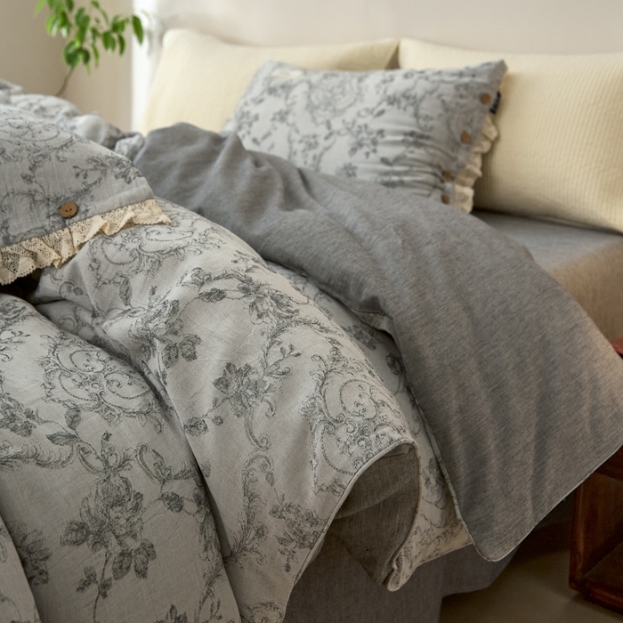 91家纺网 家纺一手货源 找家纺 大彩家居 2025新款棉麻提花四件套 洛可花影