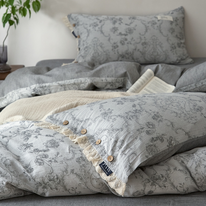 91家纺网 家纺一手货源 找家纺 大彩家居 2025新款棉麻提花四件套 洛可花影