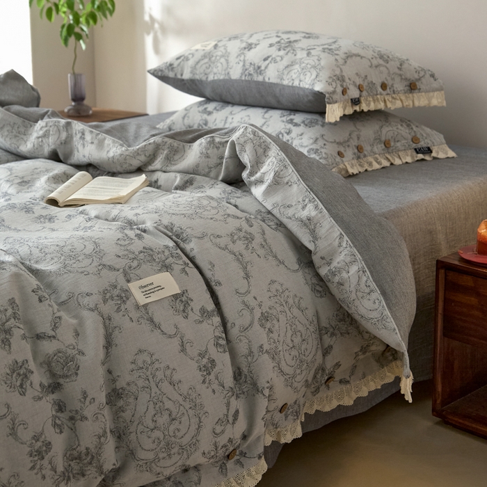 91家纺网 家纺一手货源 找家纺 大彩家居 2025新款棉麻提花四件套 洛可花影