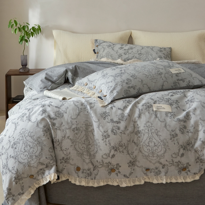 91家纺网 家纺一手货源 找家纺 大彩家居 2025新款棉麻提花四件套 洛可花影