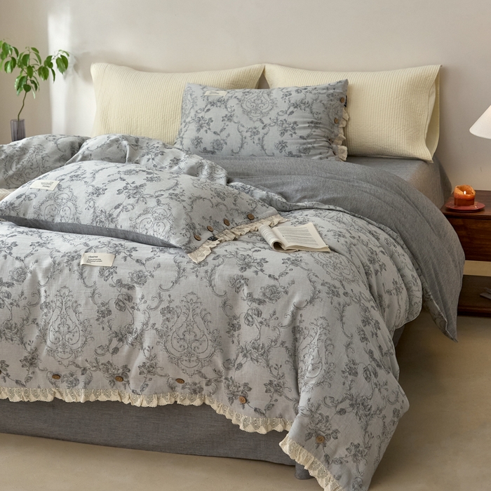 91家纺网 家纺一手货源 找家纺 大彩家居 2025新款棉麻提花四件套 洛可花影