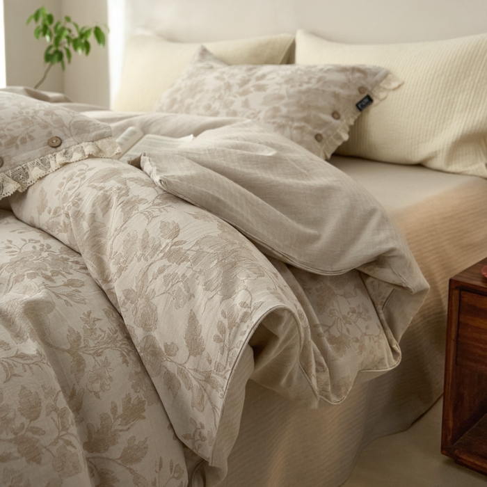 91家纺网 家纺一手货源 找家纺 大彩家居 2025新款棉麻提花四件套 米野