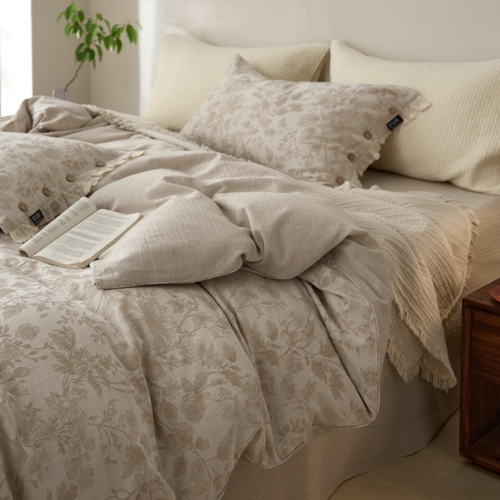 91家纺网 家纺一手货源 找家纺 大彩家居 2025新款棉麻提花四件套 米野