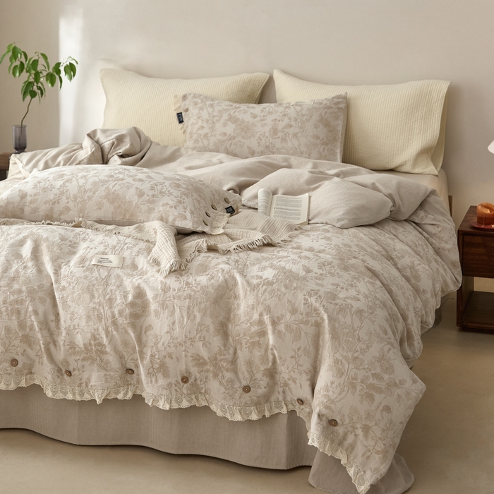 91家纺网 家纺一手货源 找家纺 大彩家居 2025新款棉麻提花四件套 米野