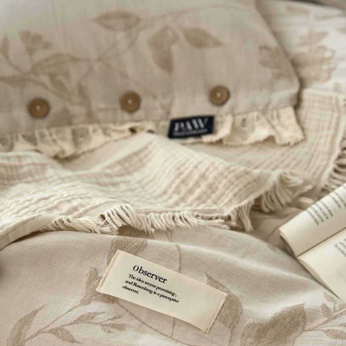 91家纺网 家纺一手货源 找家纺 大彩家居 2025新款棉麻提花四件套 叶影