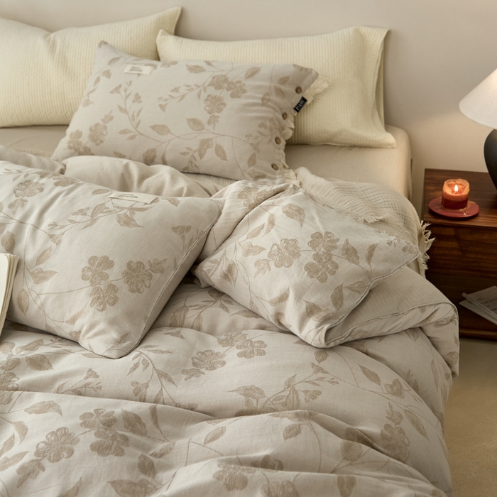 91家纺网 家纺一手货源 找家纺 大彩家居 2025新款棉麻提花四件套 叶影