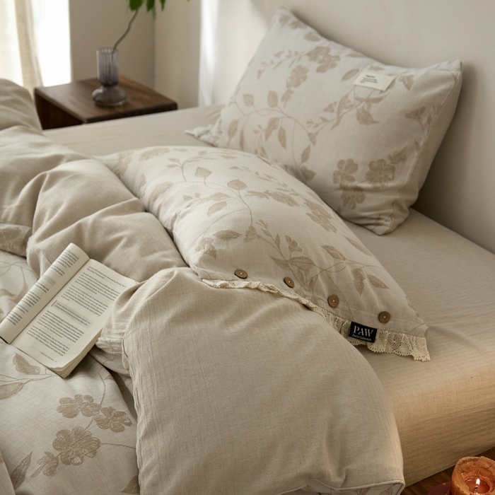 91家纺网 家纺一手货源 找家纺 大彩家居 2025新款棉麻提花四件套 叶影