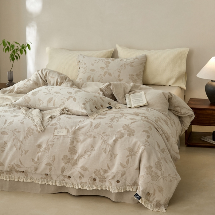 91家纺网 家纺一手货源 找家纺 大彩家居 2025新款棉麻提花四件套 叶影