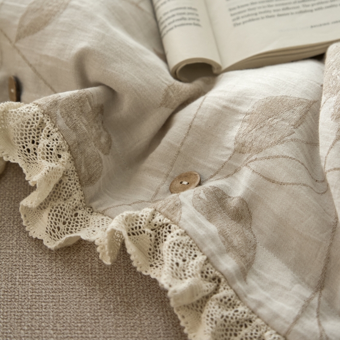 91家纺网 家纺一手货源 找家纺 大彩家居 2025新款棉麻提花四件套 叶影