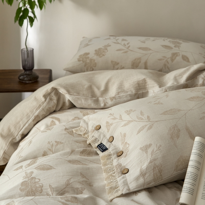 91家纺网 家纺一手货源 找家纺 大彩家居 2025新款棉麻提花四件套 叶影