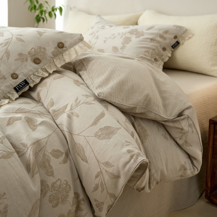 91家纺网 家纺一手货源 找家纺 大彩家居 2025新款棉麻提花四件套 叶影